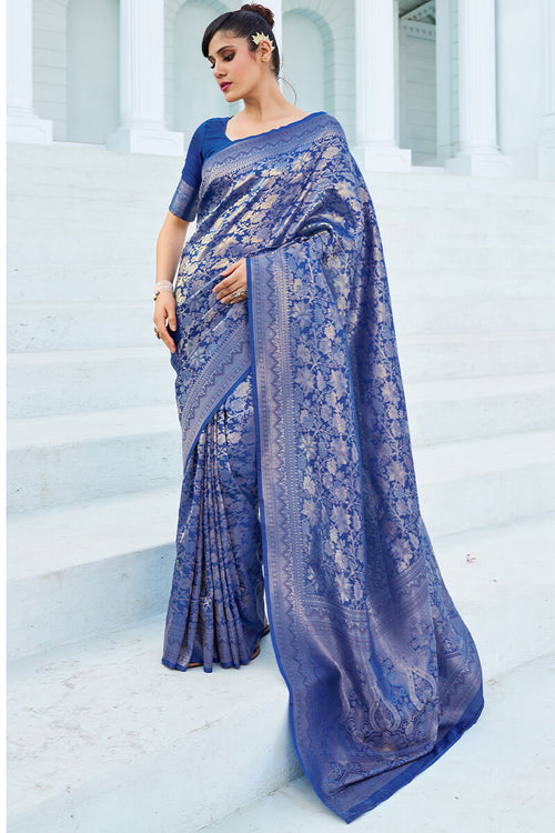 Load image into Gallery viewer, Pretty Blue Kanjivaram Silk Saree With Innovative Blouse Piece
