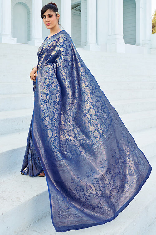 Load image into Gallery viewer, Pretty Blue Kanjivaram Silk Saree With Innovative Blouse Piece
