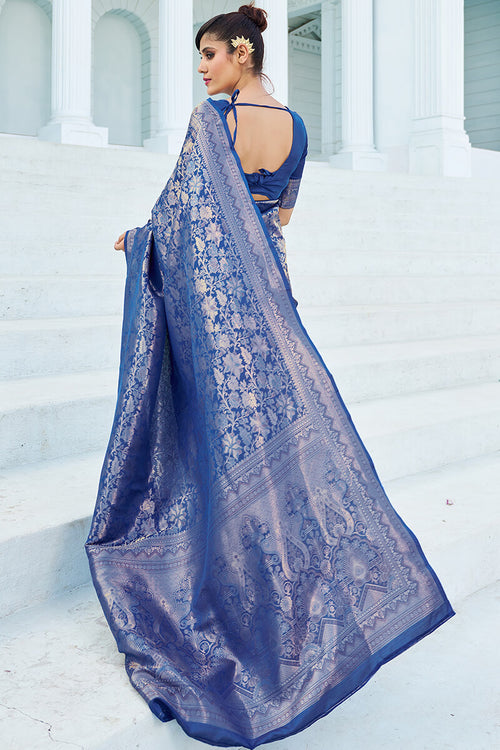 Load image into Gallery viewer, Pretty Blue Kanjivaram Silk Saree With Innovative Blouse Piece
