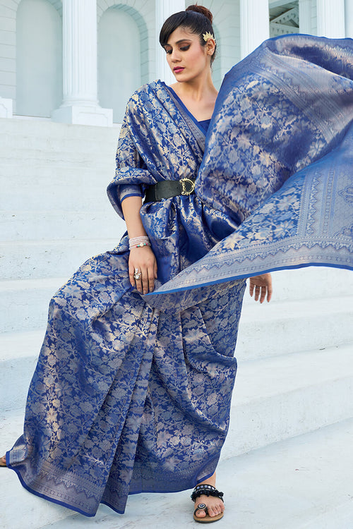 Load image into Gallery viewer, Pretty Blue Kanjivaram Silk Saree With Innovative Blouse Piece
