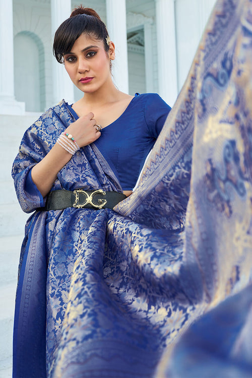 Load image into Gallery viewer, Pretty Blue Kanjivaram Silk Saree With Innovative Blouse Piece
