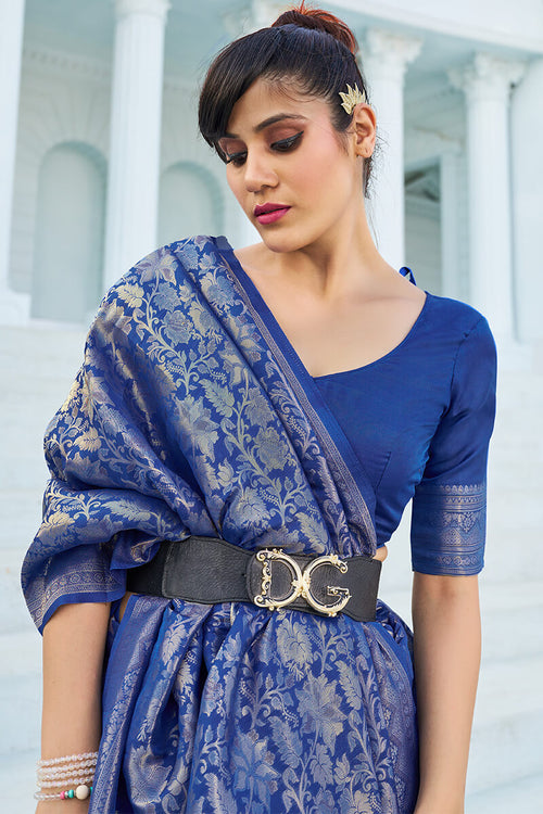 Load image into Gallery viewer, Pretty Blue Kanjivaram Silk Saree With Innovative Blouse Piece
