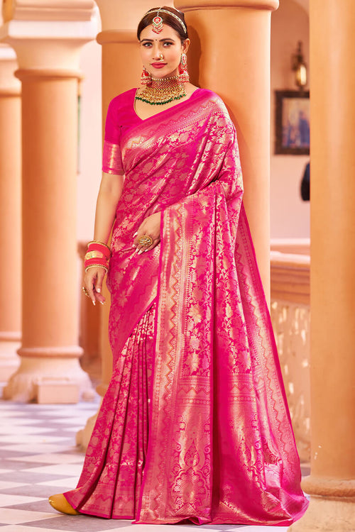 Load image into Gallery viewer, Designer Dark Pink Kanjivaram Silk Saree With Ethnic Blouse Piece
