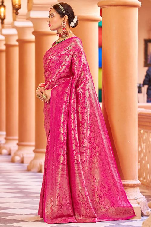 Load image into Gallery viewer, Designer Dark Pink Kanjivaram Silk Saree With Ethnic Blouse Piece
