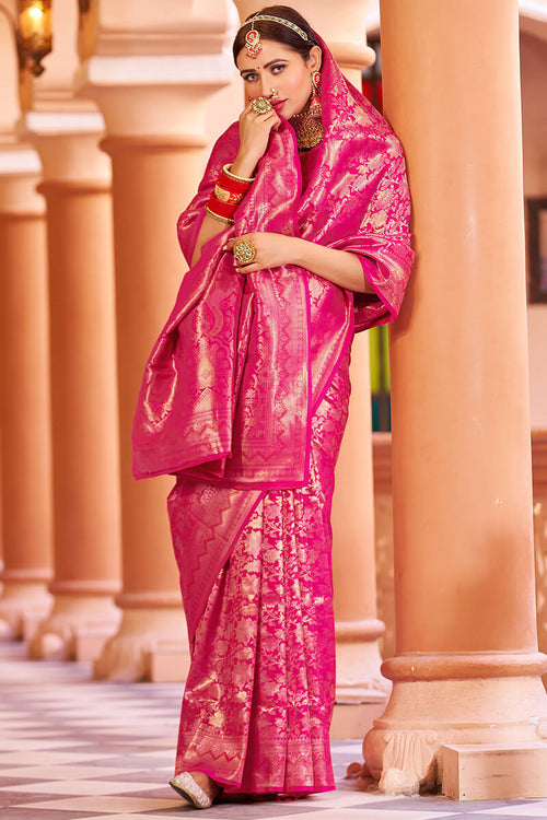 Load image into Gallery viewer, Designer Dark Pink Kanjivaram Silk Saree With Ethnic Blouse Piece
