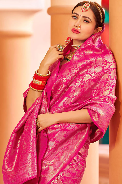 Load image into Gallery viewer, Designer Dark Pink Kanjivaram Silk Saree With Ethnic Blouse Piece
