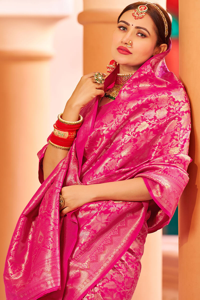 Designer Dark Pink Kanjivaram Silk Saree With Ethnic Blouse Piece