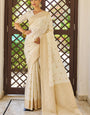 Evocative Beige Kanjivaram Silk Saree With Dissemble Blouse Piece