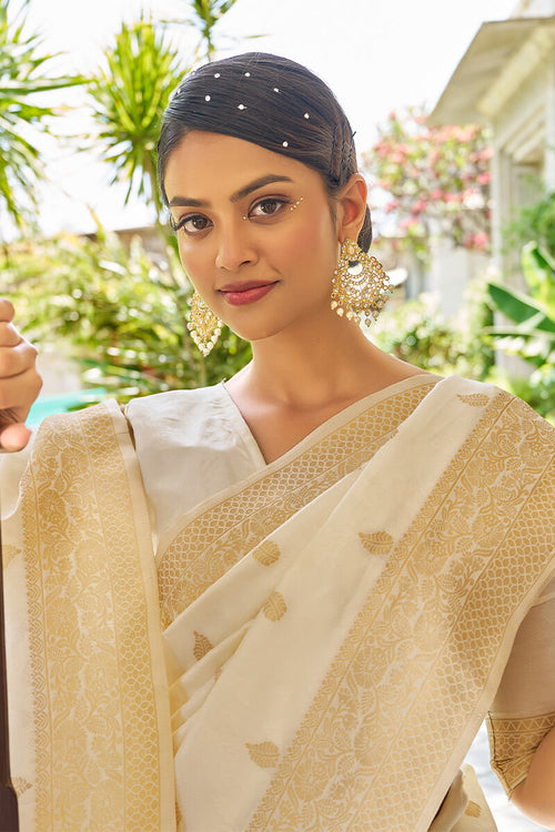 Load image into Gallery viewer, Evocative Beige Kanjivaram Silk Saree With Dissemble Blouse Piece
