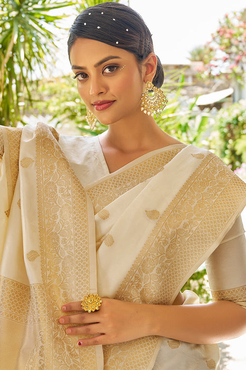 Load image into Gallery viewer, Evocative Beige Kanjivaram Silk Saree With Dissemble Blouse Piece
