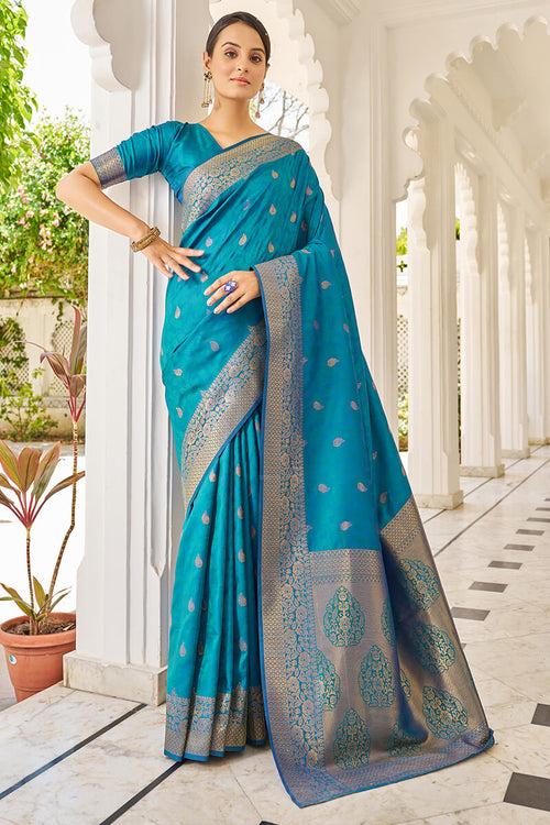 Load image into Gallery viewer, Cynosure Firozi Kanjivaram Silk Saree With Comely Blouse Piece
