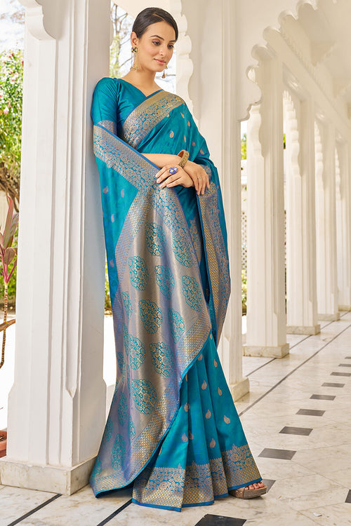 Load image into Gallery viewer, Cynosure Firozi Kanjivaram Silk Saree With Comely Blouse Piece
