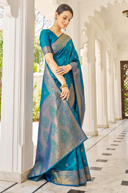 Load image into Gallery viewer, Cynosure Firozi Kanjivaram Silk Saree With Comely Blouse Piece
