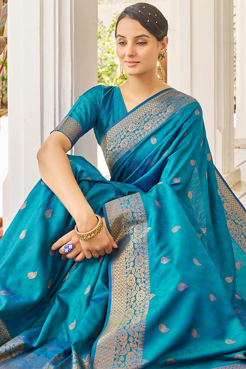 Load image into Gallery viewer, Cynosure Firozi Kanjivaram Silk Saree With Comely Blouse Piece
