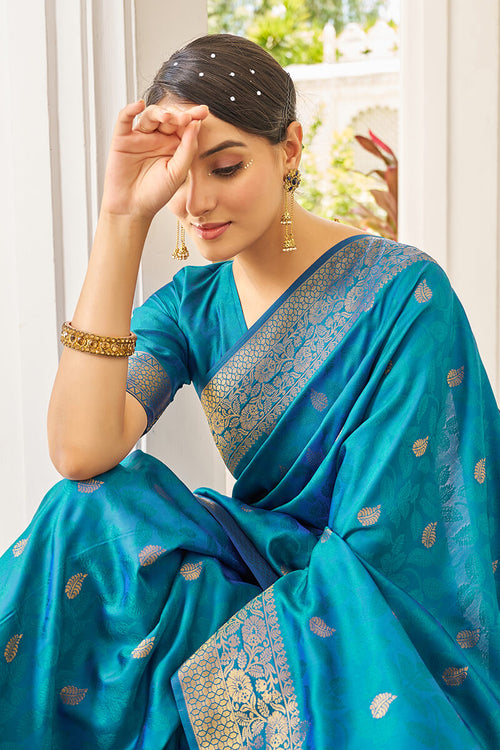 Load image into Gallery viewer, Cynosure Firozi Kanjivaram Silk Saree With Comely Blouse Piece
