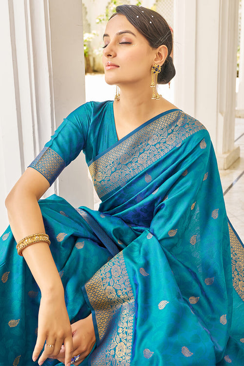 Load image into Gallery viewer, Cynosure Firozi Kanjivaram Silk Saree With Comely Blouse Piece
