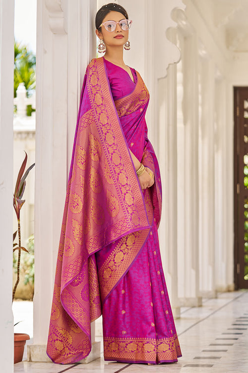 Load image into Gallery viewer, Traditional Purple Kanjivaram Silk Saree With Inspiring Blouse Piece
