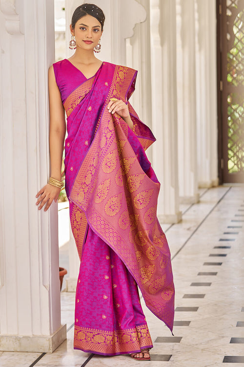 Load image into Gallery viewer, Traditional Purple Kanjivaram Silk Saree With Inspiring Blouse Piece
