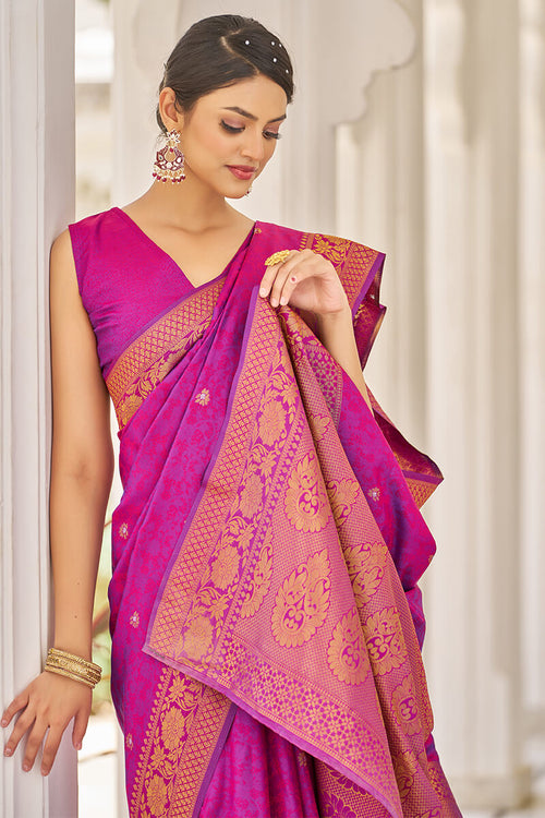 Load image into Gallery viewer, Traditional Purple Kanjivaram Silk Saree With Inspiring Blouse Piece
