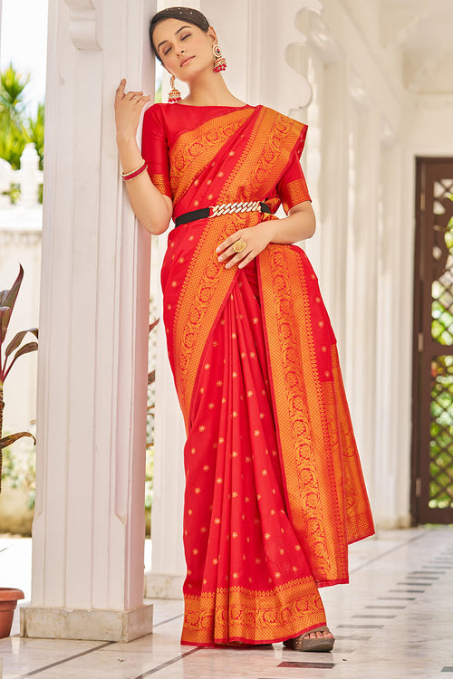 Load image into Gallery viewer, Breathtaking Red Kanjivaram Silk Saree With Demanding Blouse Piece
