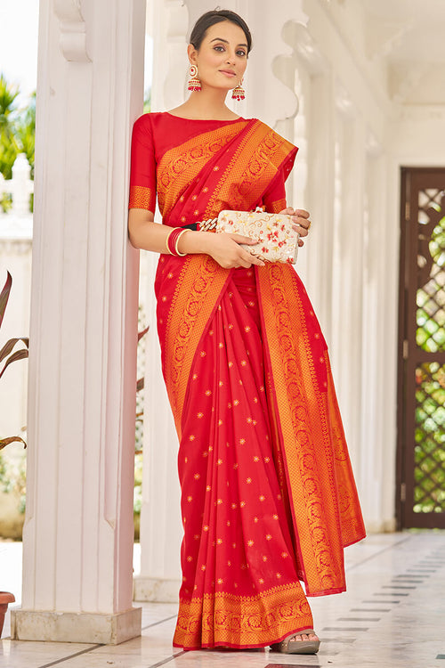 Load image into Gallery viewer, Breathtaking Red Kanjivaram Silk Saree With Demanding Blouse Piece
