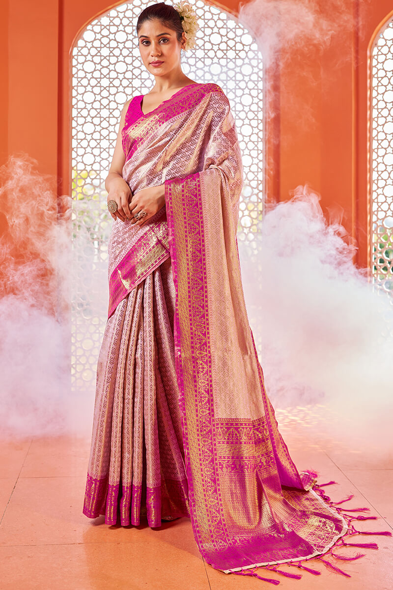 Gratifying Baby Pink Kanjivaram Silk Saree With Precious Blouse Piece