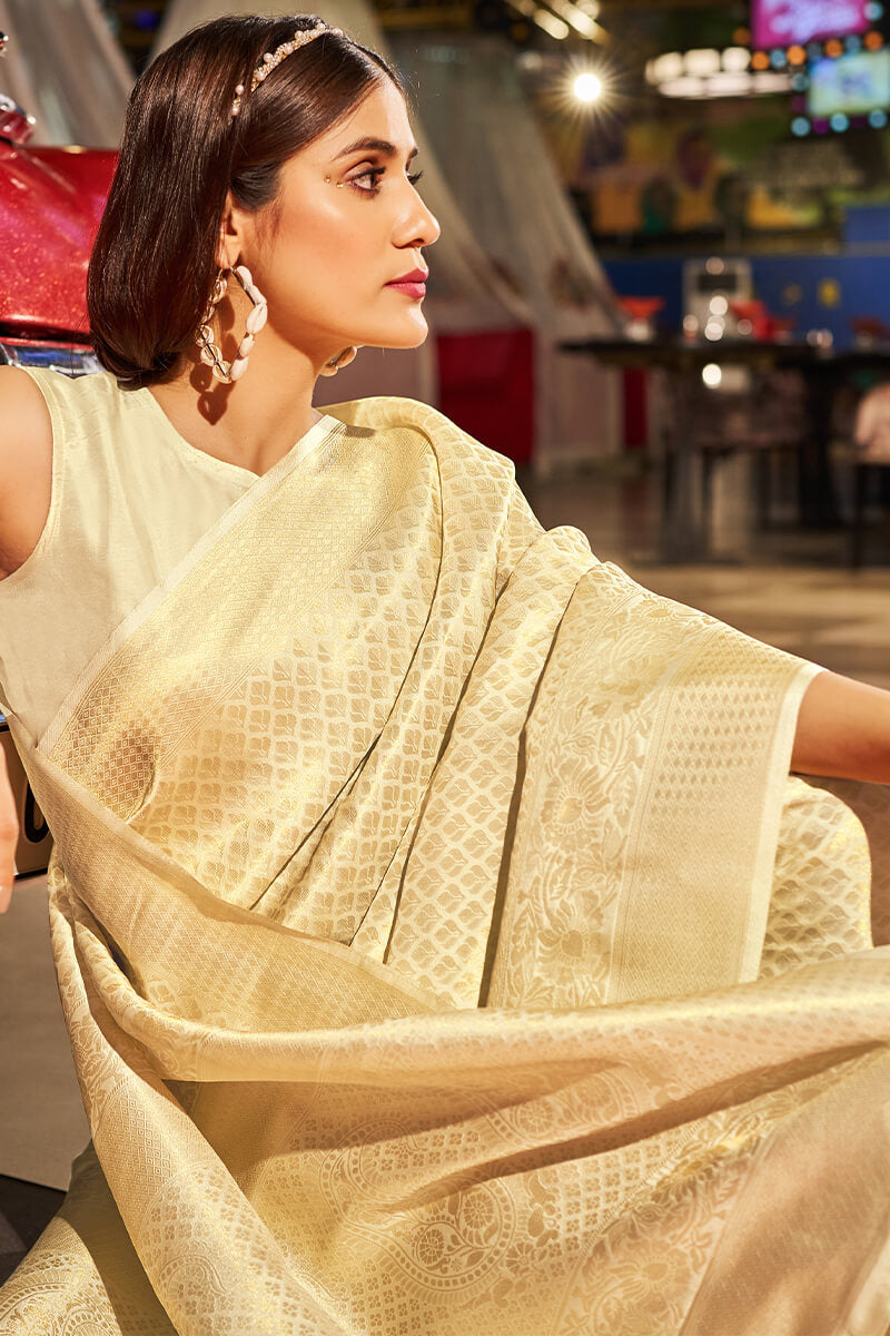 Marvellous Beige Kanjivaram Silk Saree With Adorning Blouse Piece