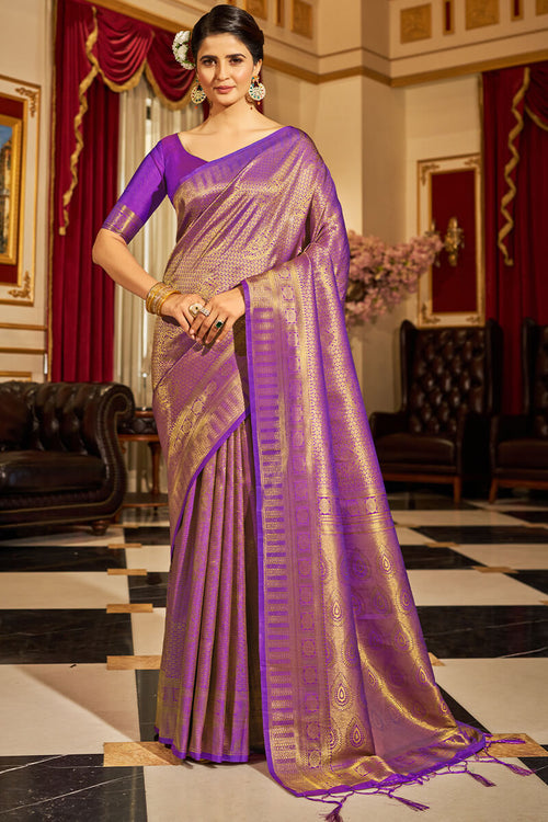 Load image into Gallery viewer, Inspiring Purple Kanjivaram Silk Saree With Divine Blouse Piece
