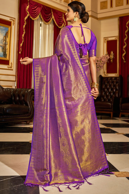 Load image into Gallery viewer, Inspiring Purple Kanjivaram Silk Saree With Divine Blouse Piece
