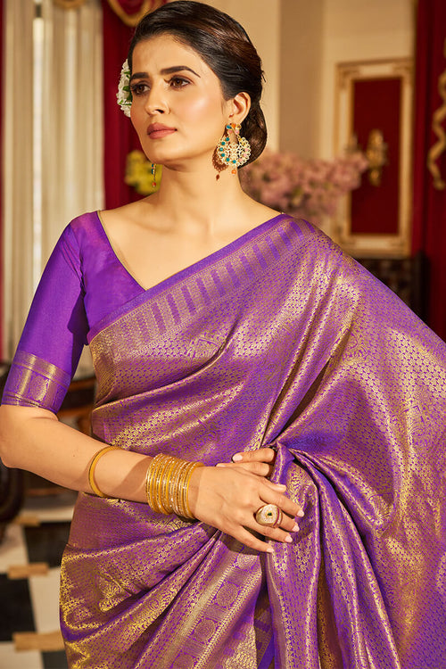 Load image into Gallery viewer, Inspiring Purple Kanjivaram Silk Saree With Divine Blouse Piece
