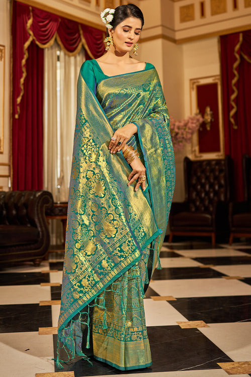 Load image into Gallery viewer, Demure Rama Kanjivaram Silk Saree With Evocative Blouse Piece
