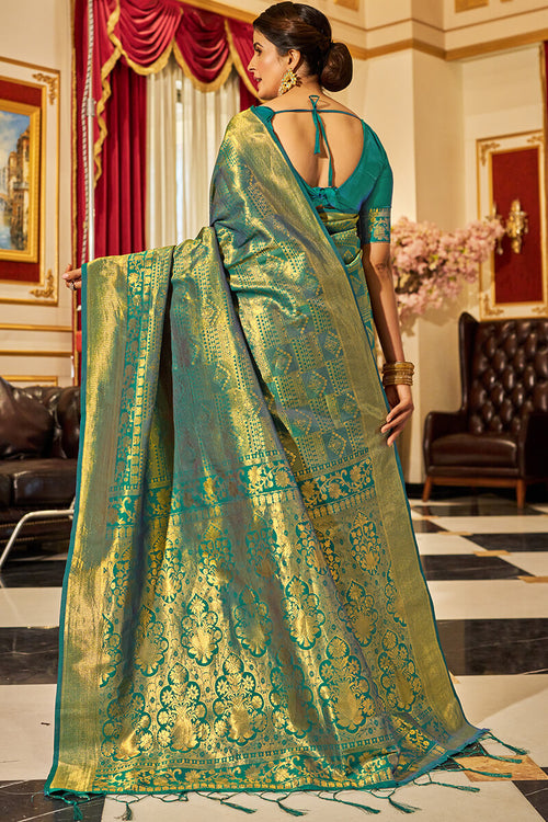 Load image into Gallery viewer, Demure Rama Kanjivaram Silk Saree With Evocative Blouse Piece
