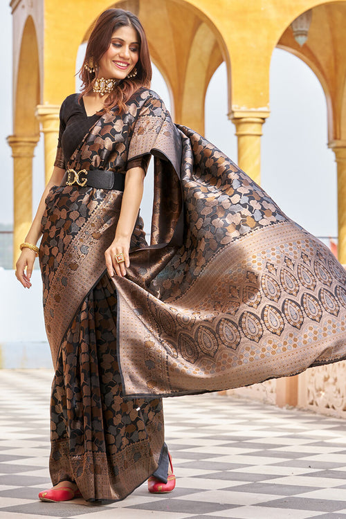 Load image into Gallery viewer, Beautiful Black Kanjivaram Silk Saree With Divine Blouse Piece
