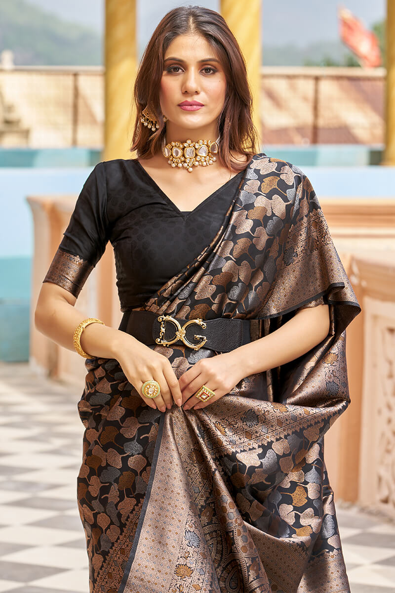 Beautiful Black Kanjivaram Silk Saree With Divine Blouse Piece