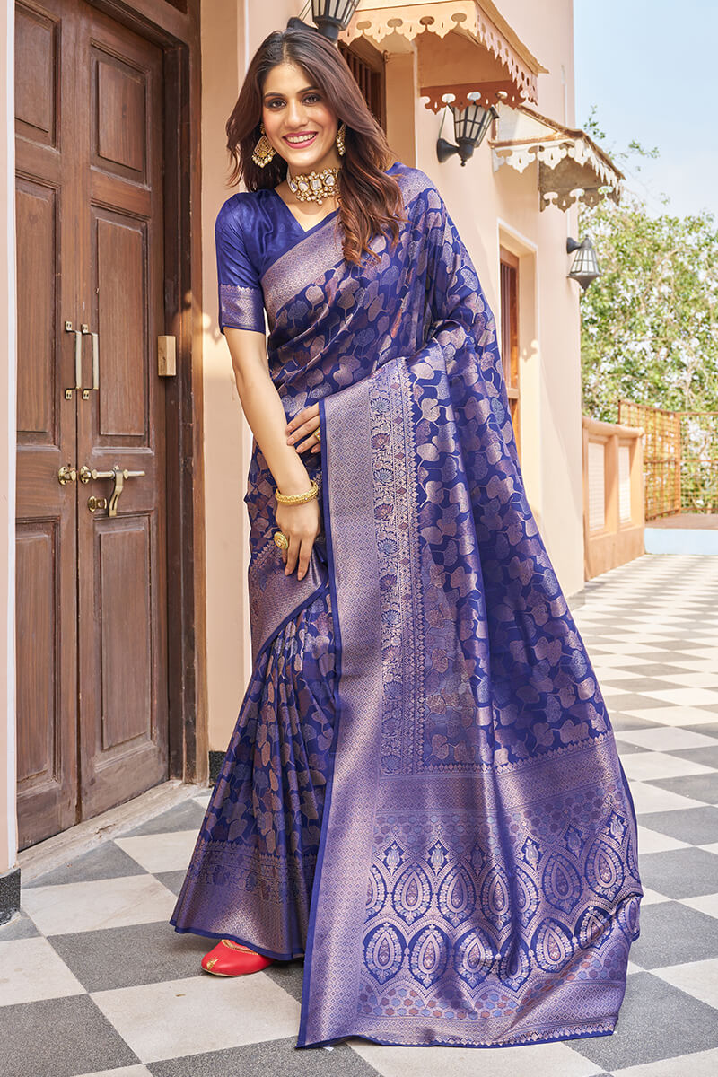 Blissful Navy Blue Kanjivaram Silk Saree With Chatoyant Blouse Piece