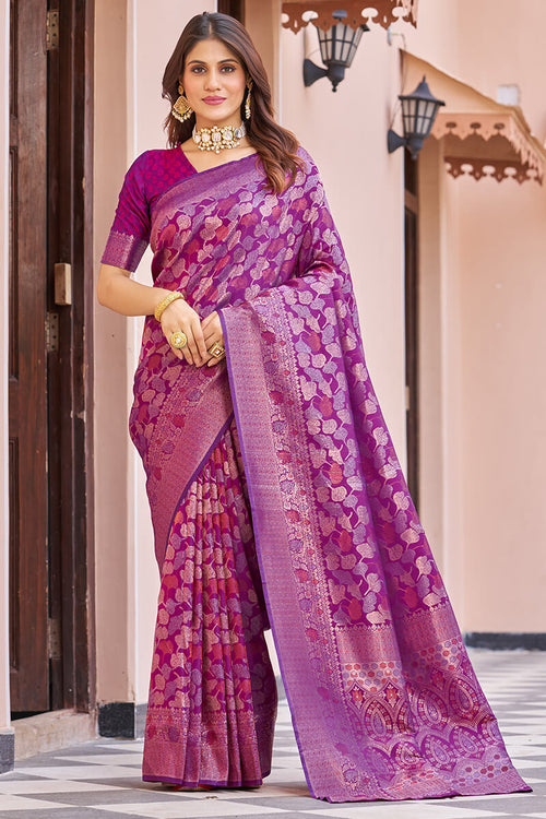 Load image into Gallery viewer, Inspiring Purple Kanjivaram Silk Saree With Desuetude Blouse Piece
