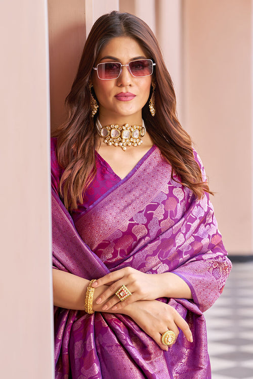 Load image into Gallery viewer, Inspiring Purple Kanjivaram Silk Saree With Desuetude Blouse Piece
