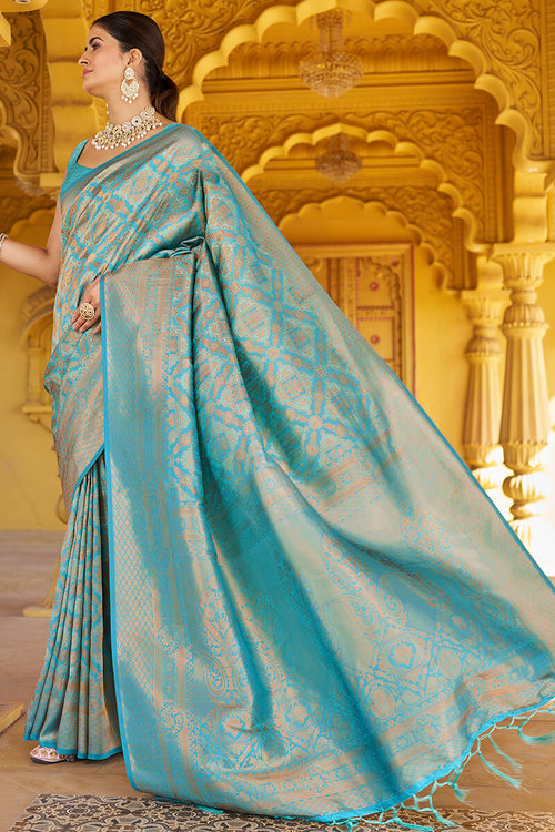 Load image into Gallery viewer, Comely Firozi Kanjivaram Silk Saree With Epiphany Blouse Piece
