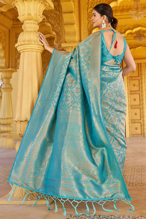 Load image into Gallery viewer, Comely Firozi Kanjivaram Silk Saree With Epiphany Blouse Piece
