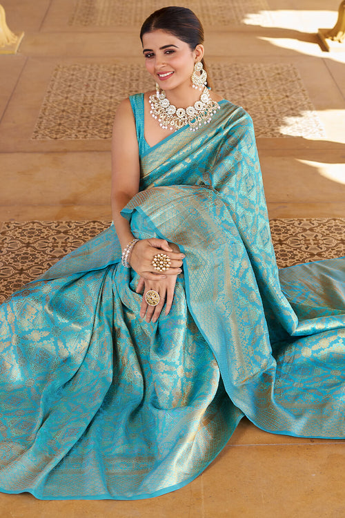 Load image into Gallery viewer, Comely Firozi Kanjivaram Silk Saree With Epiphany Blouse Piece
