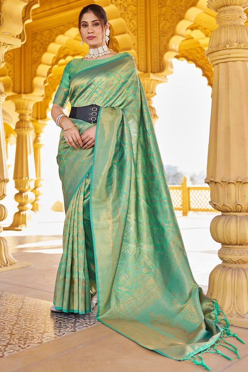 Load image into Gallery viewer, Petrichor Green Kanjivaram Silk Saree With Splendiferous Blouse Piece
