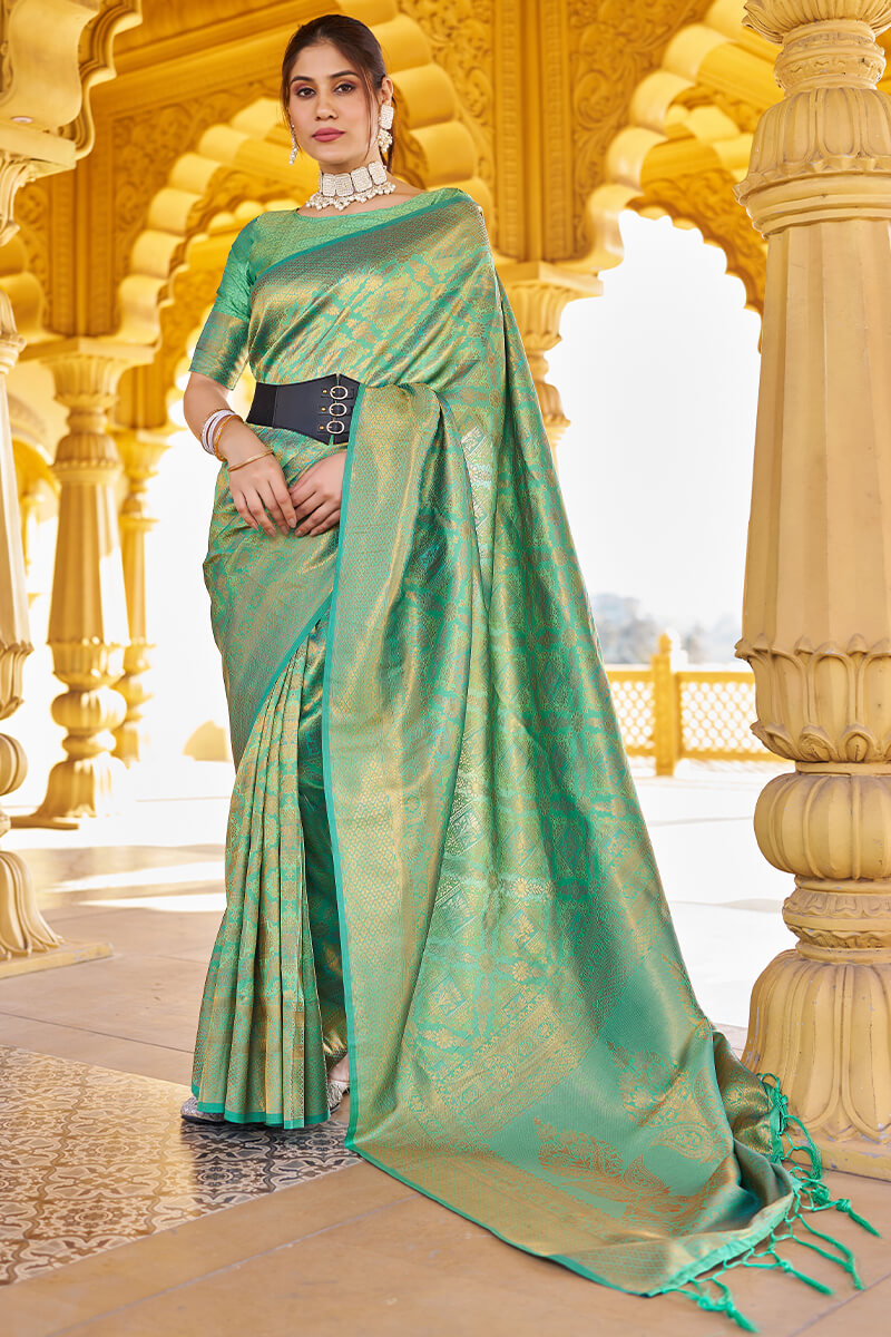 Petrichor Green Kanjivaram Silk Saree With Splendiferous Blouse Piece