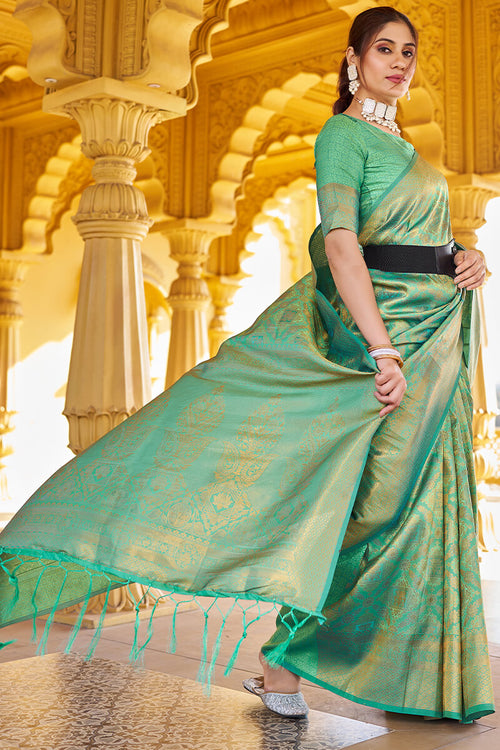 Load image into Gallery viewer, Petrichor Green Kanjivaram Silk Saree With Splendiferous Blouse Piece
