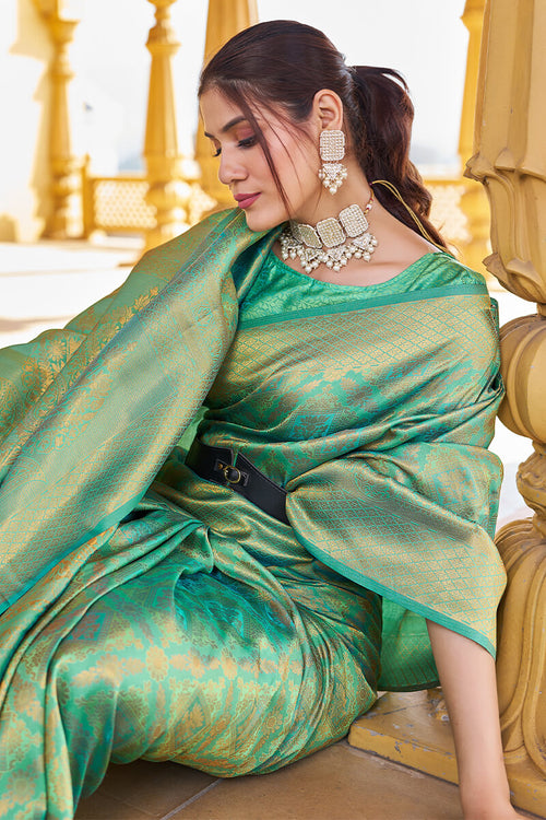 Load image into Gallery viewer, Petrichor Green Kanjivaram Silk Saree With Splendiferous Blouse Piece
