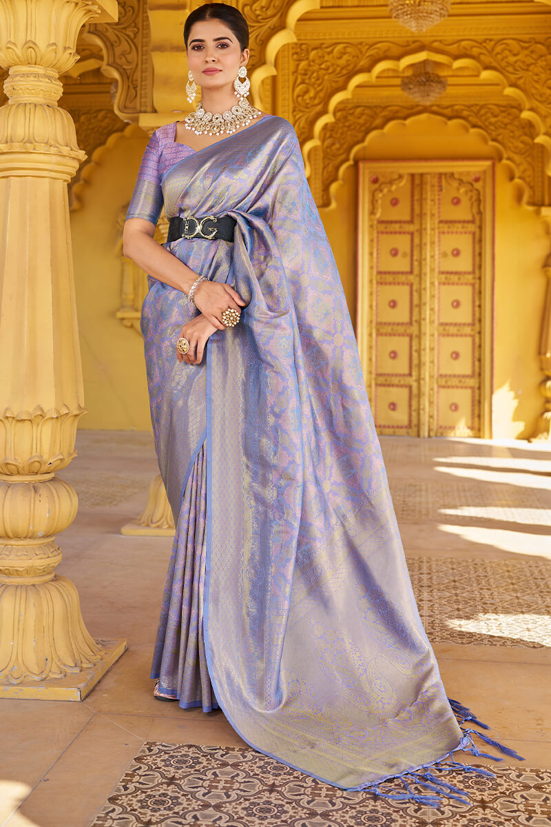 Scintillating Lavender Kanjivaram Silk Saree With Rhapsody Blouse Piece