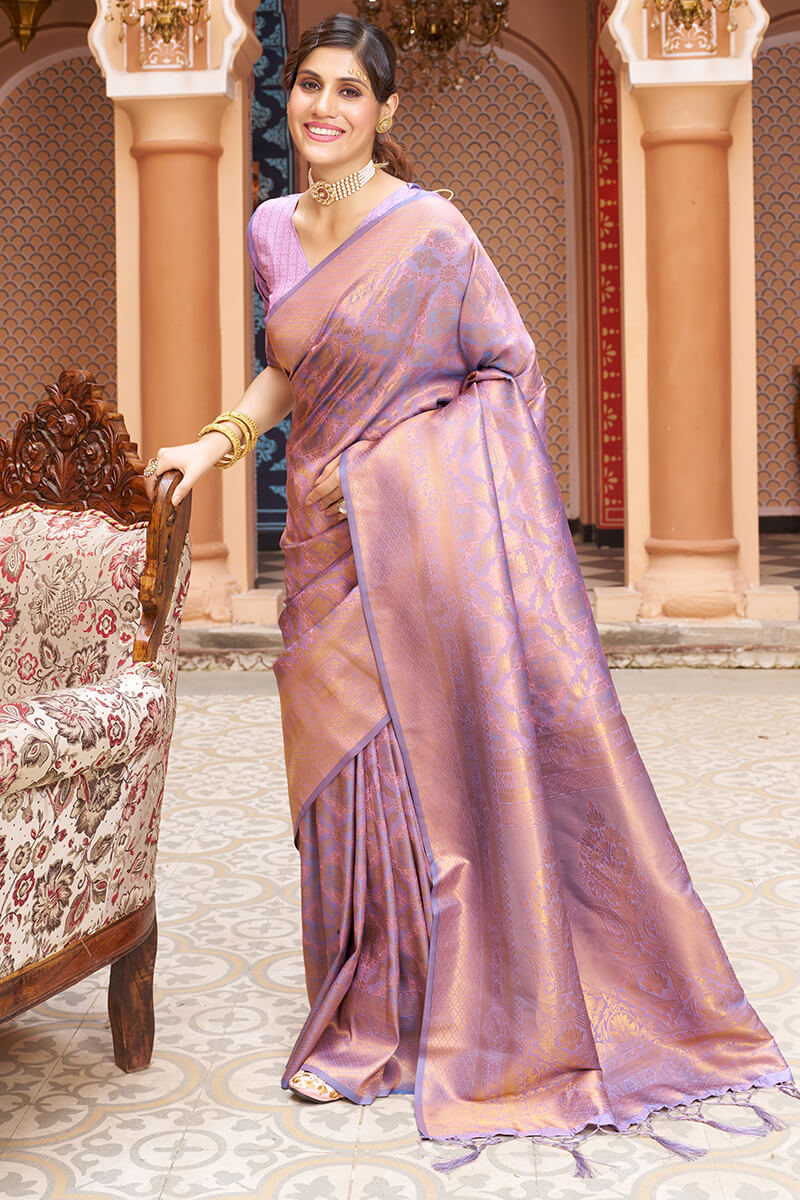 Lagniappe Lavender Kanjivaram Silk Saree With Incredible Blouse Piece