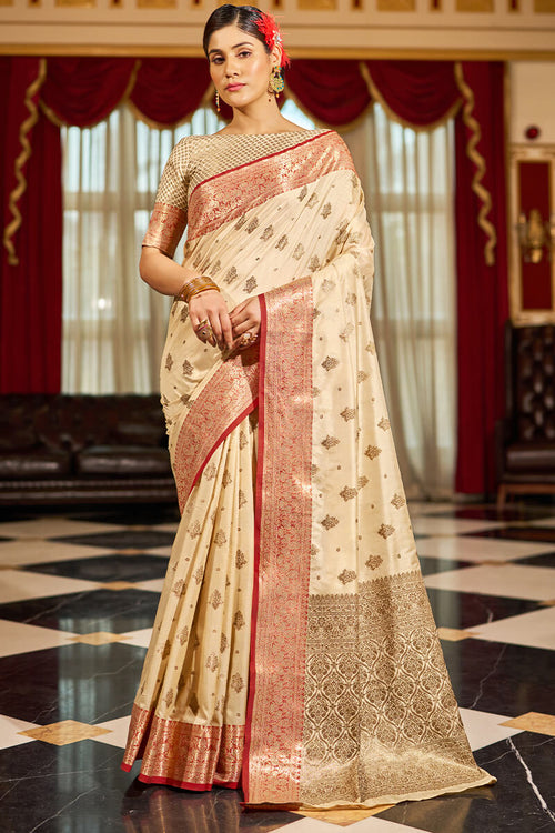 Load image into Gallery viewer, Symmetrical Beige Soft Banarasi Silk Saree With Vestigial Blouse Piece
