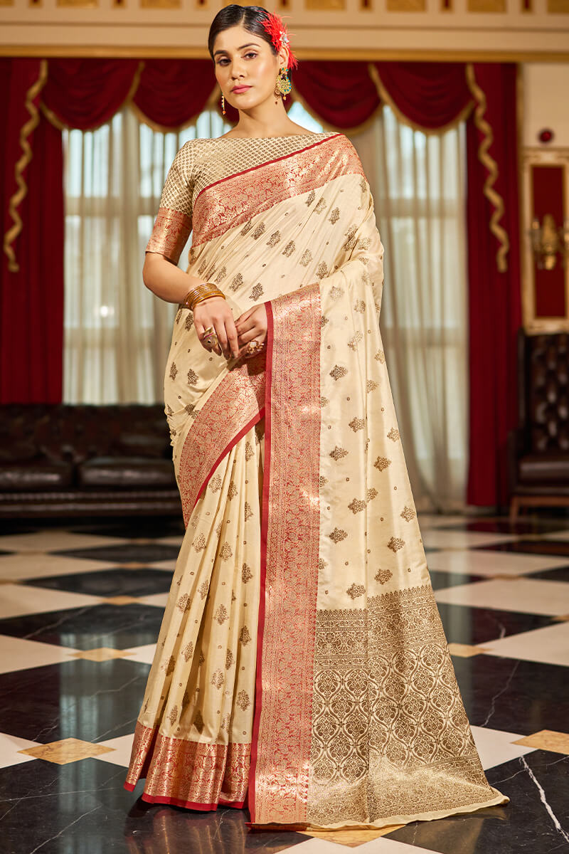 Symmetrical Beige Soft Banarasi Silk Saree With Vestigial Blouse Piece