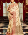 Symmetrical Beige Soft Banarasi Silk Saree With Vestigial Blouse Piece