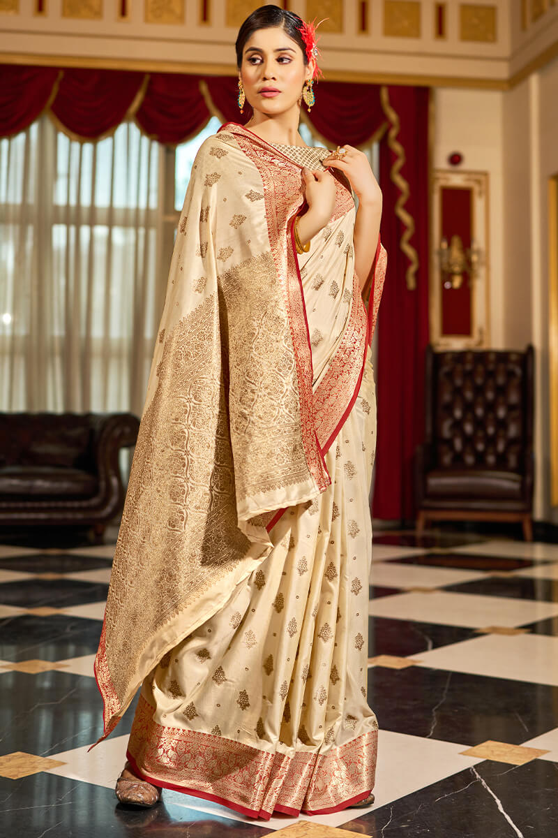 Symmetrical Beige Soft Banarasi Silk Saree With Vestigial Blouse Piece